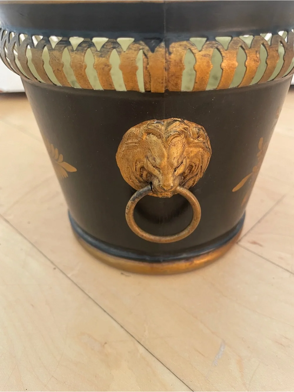 vintage French Neoclassical-style black and gold tole cachepot